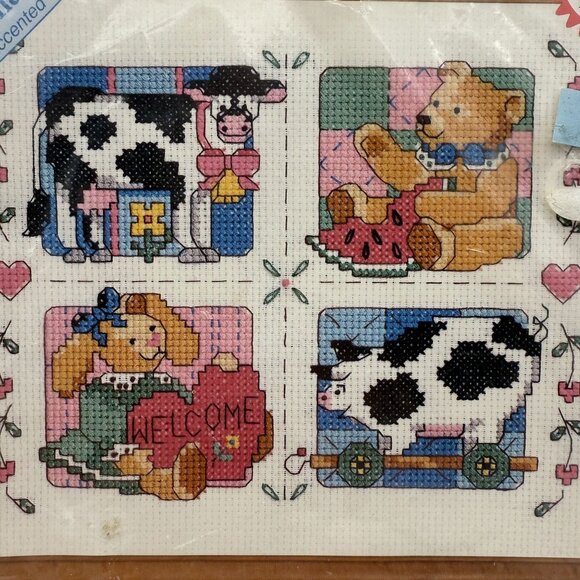 Stitchables Counted Cross Stitch Kit 72125 Country Foursome Cow Bear Bunny Pig - Picture 2 of 7